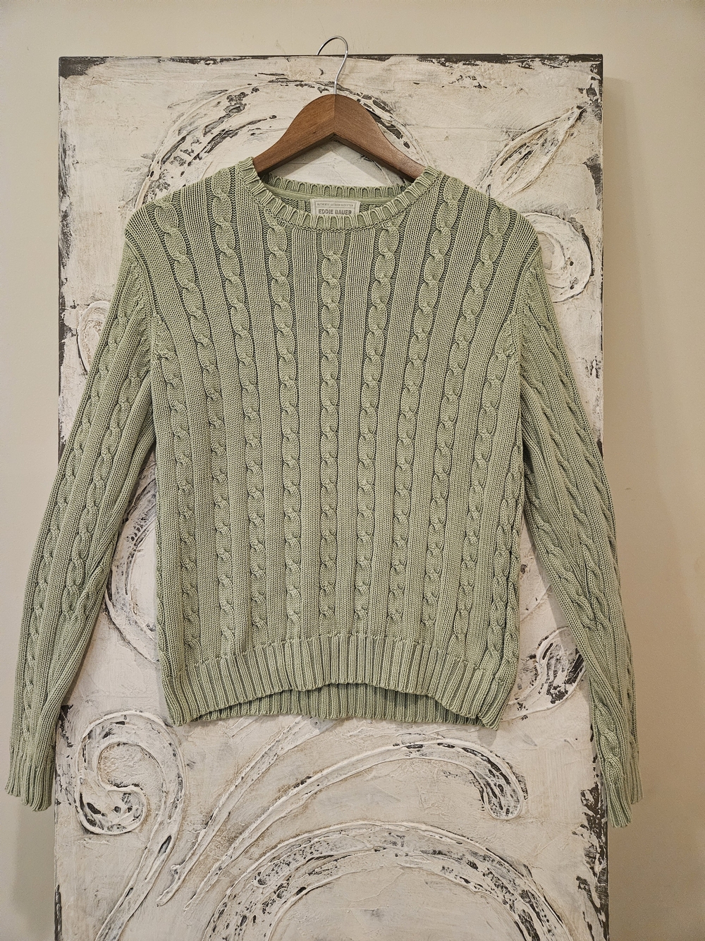 Eddie Bauer Light Sage Cable Knit Crewneck Sweater